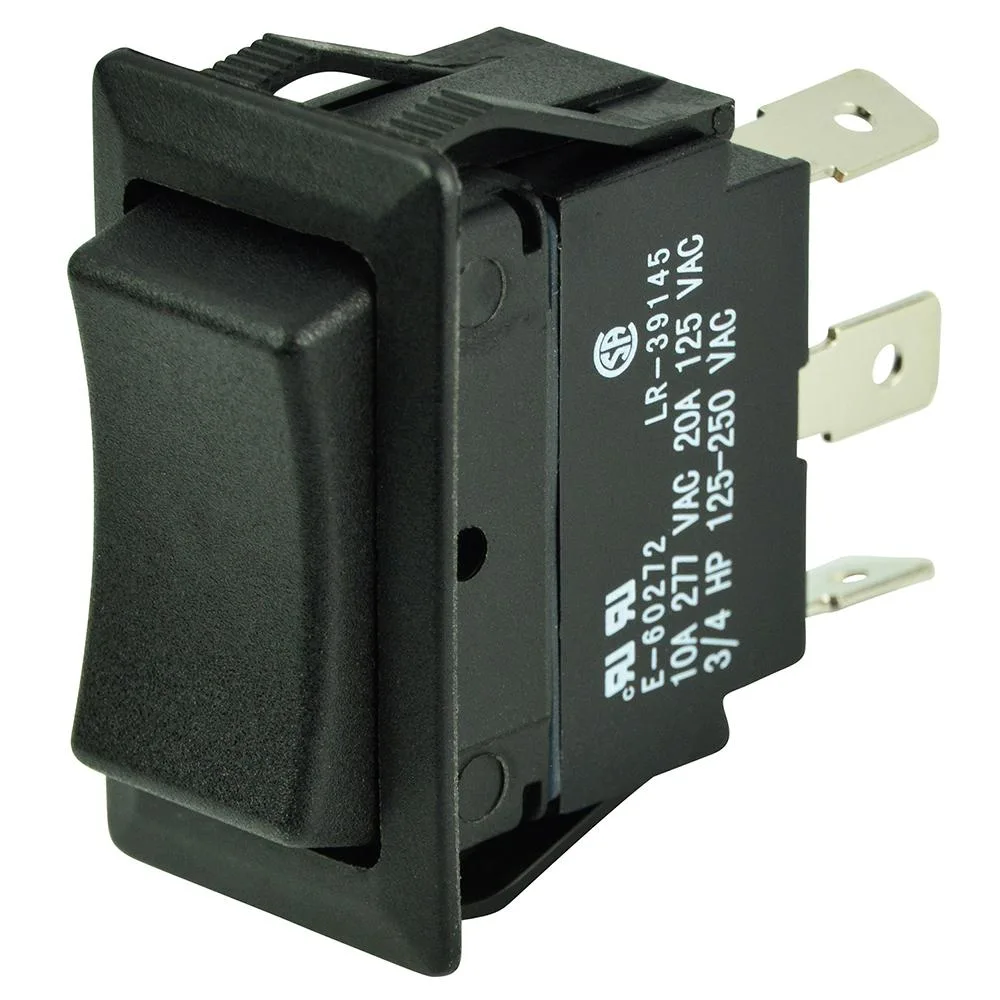 Black SPDT rocker switch with three blade terminals, snap-in mount