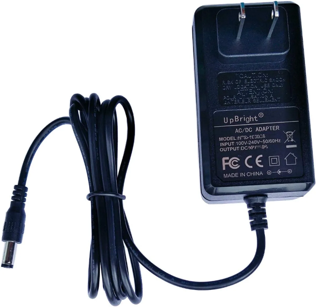 Black rectangular power adapter with barrel connector and wall plug