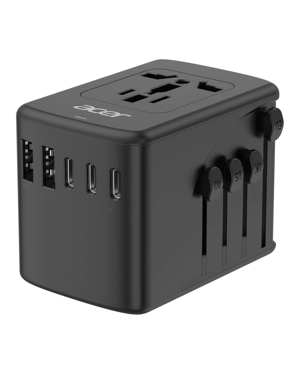 Black cube travel adapter with fold-out plugs and five USB ports