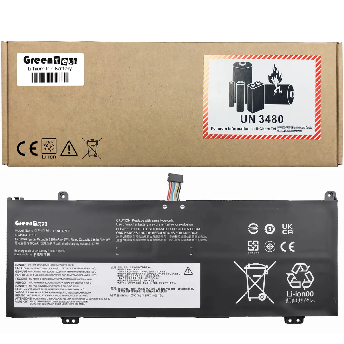 GreenTechLLC GreenTechLLC L18M4PF0 45Wh 15.36V 4-cell laptop battery for ThinkBook 13s 14s — product photo