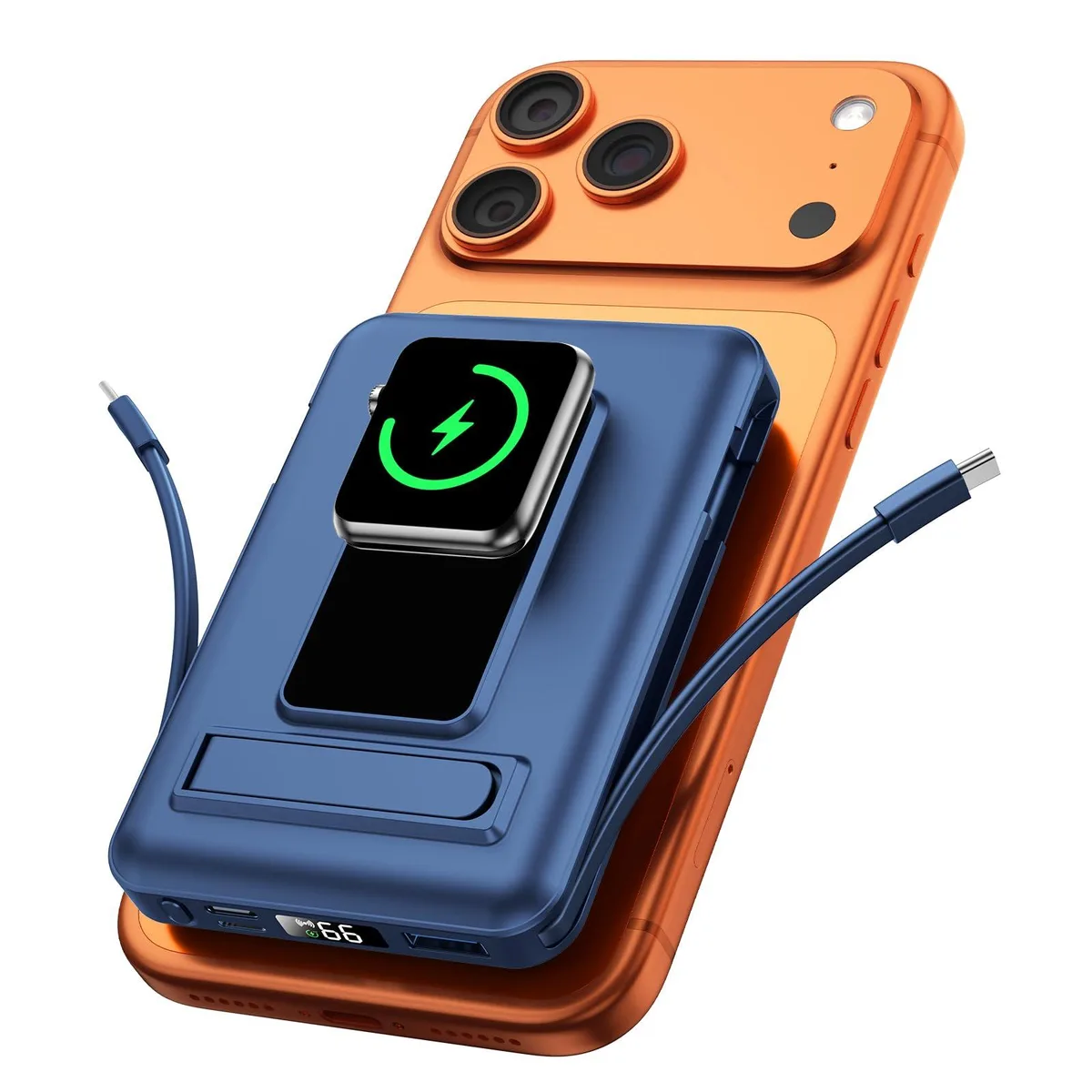 Blue rectangular 10000mAh power bank with MagSafe wireless pads, built-in cables, kickstand and LED display