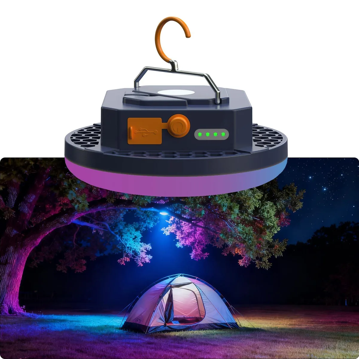 Compact black cylindrical lantern with hook and magnetic base, IPX4 rated