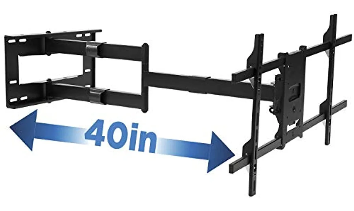 Black steel TV wall mount with long articulated arm extended 40 inches