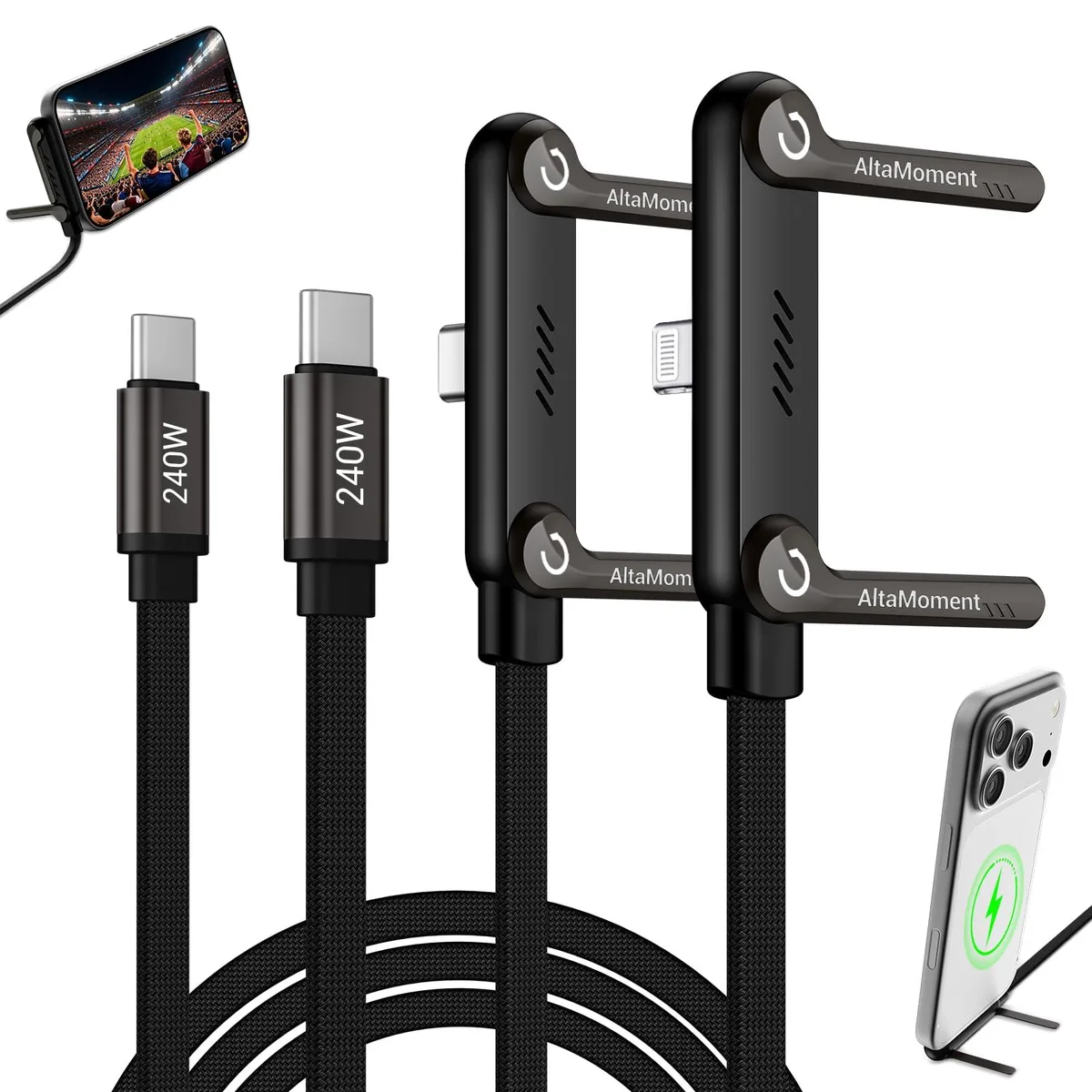 No Sew No Sew 240W 2-in-1 USB-C &amp; Lightning Cable 4.9ft Stand Black — product photo