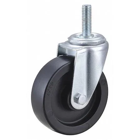 Silver metal swivel caster with black 4 inch polyolefin wheel and threaded stem