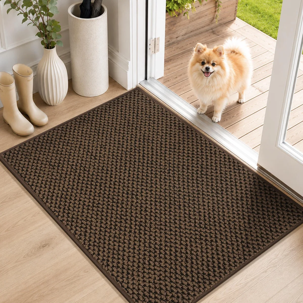 Rectangular brown doormat with raised woven texture and low profile edge binding