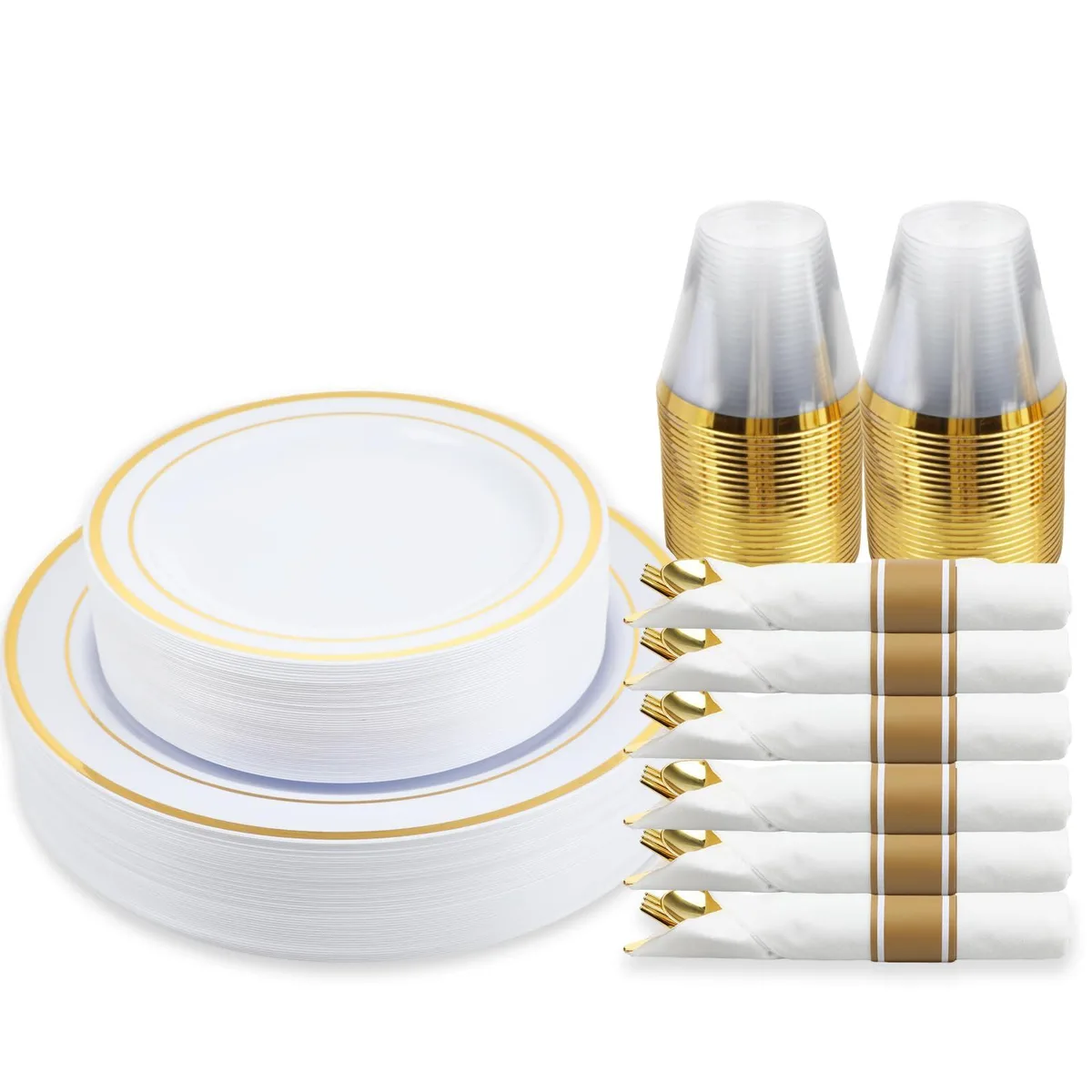 Rectangular boxed set of 175 black and gold disposable dinnerware pieces