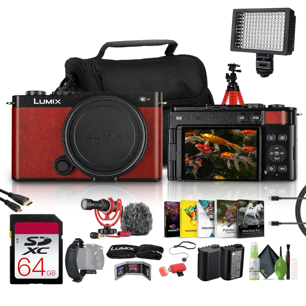 Panasonic Panasonic Lumix S9 Camera Kit (Red) with Rode VideoMicro, 64GB Card, Tripod, Battery, Bag — product photo