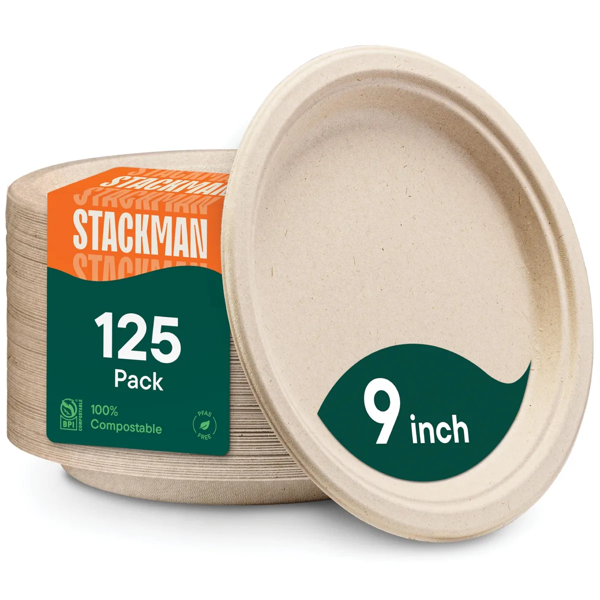 Stack of 125 natural brown round bagasse plates, 9 inch diameter
