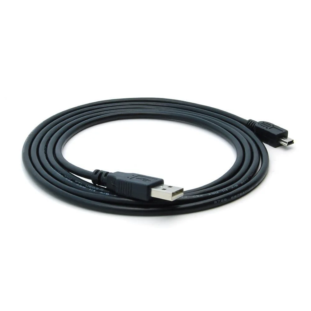 Black USB to Mini-USB cable coiled, six feet long