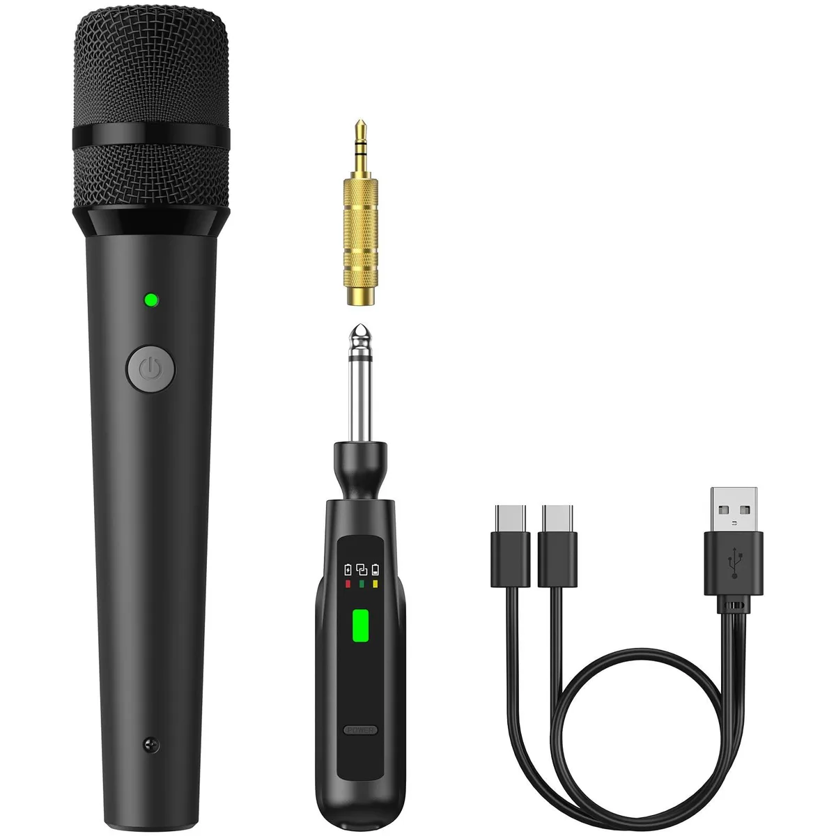 Black handheld wireless microphone with foldable receiver and 6.35mm plug
