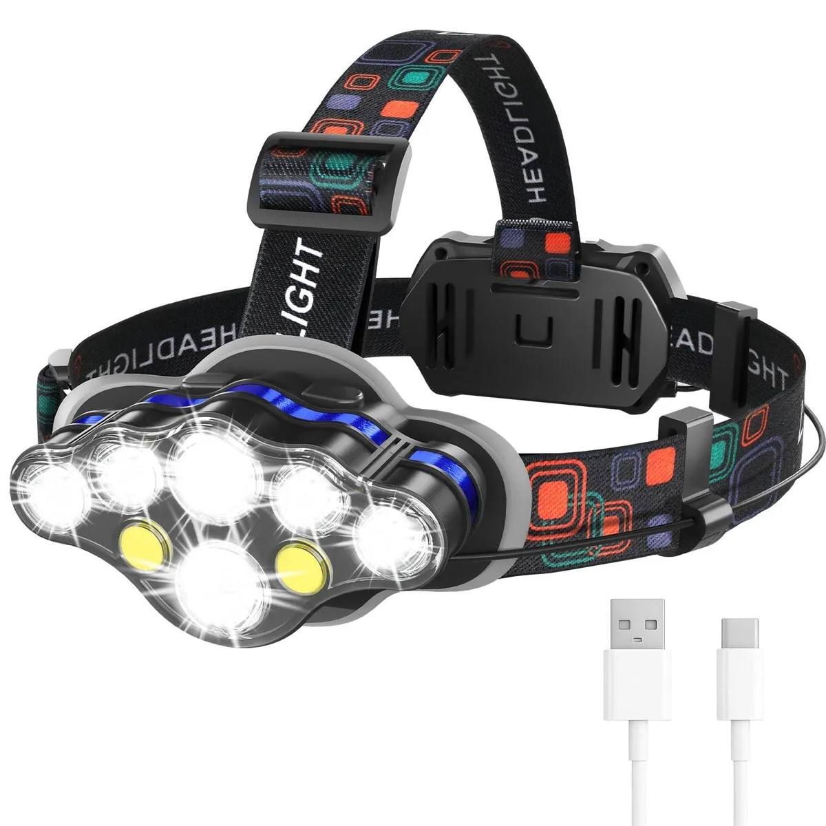 Black rechargeable headlamp with eight LEDs, adjustable tilt, elastic headband, USB-C port