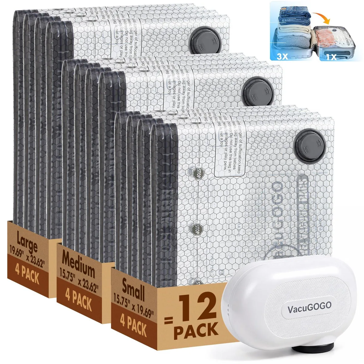 White vacuum storage bags with rechargeable pump, twelve assorted sizes