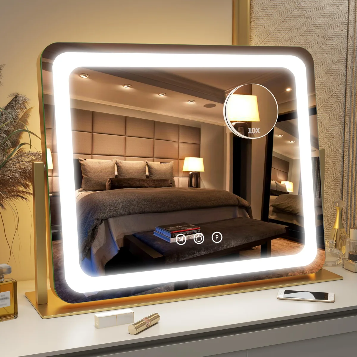 Gold-framed rectangular LED vanity mirror 22 by 17 inches with touch controls