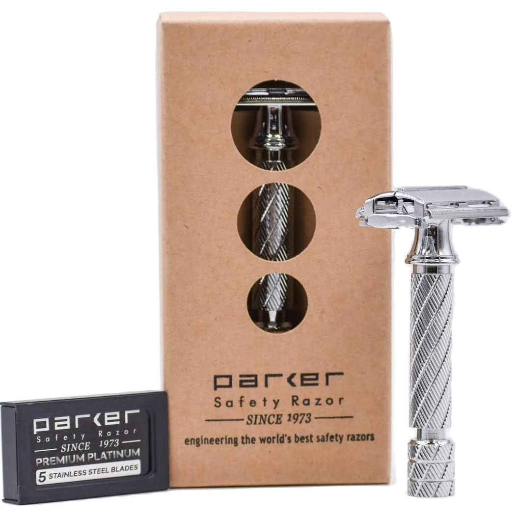 Chrome-plated brass safety razor, short textured handle, butterfly head open