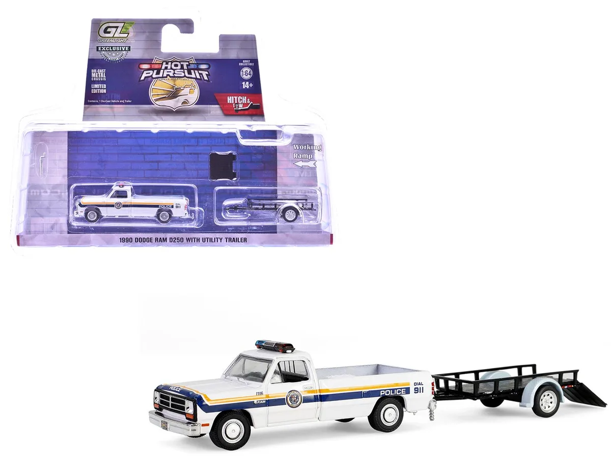GREENLIGHT GREENLIGHT 1990 Dodge Ram D250 Pickup "Philadelphia Police" White with Stripes &amp; Trailer 1/64 Diecast — product photo