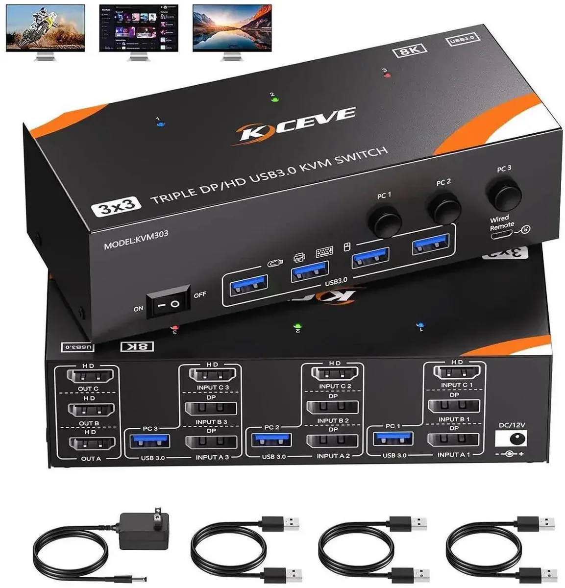 Vszerda Vszerda 3-Port KVM Switch 3×3 HDMI+2DP 8K@60Hz 4K@120Hz USB 3.0 — product photo