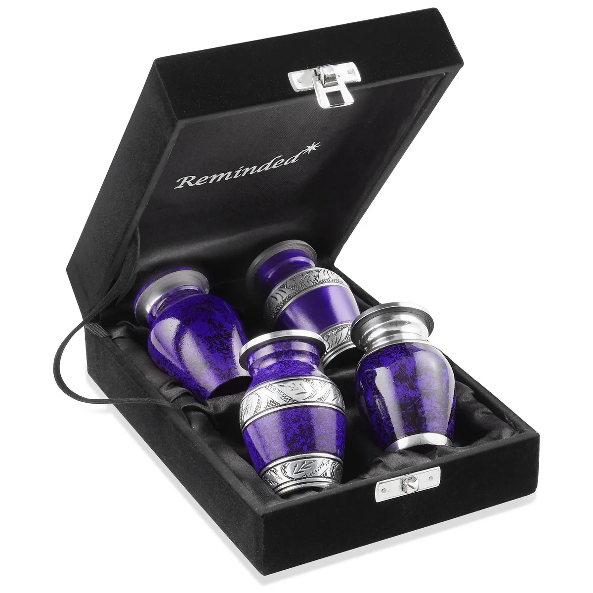 Reminded Reminded Small Cremation Keepsake Urns Set of 4 Purple Silver Miniature Urns Velvet Case Bags — product photo