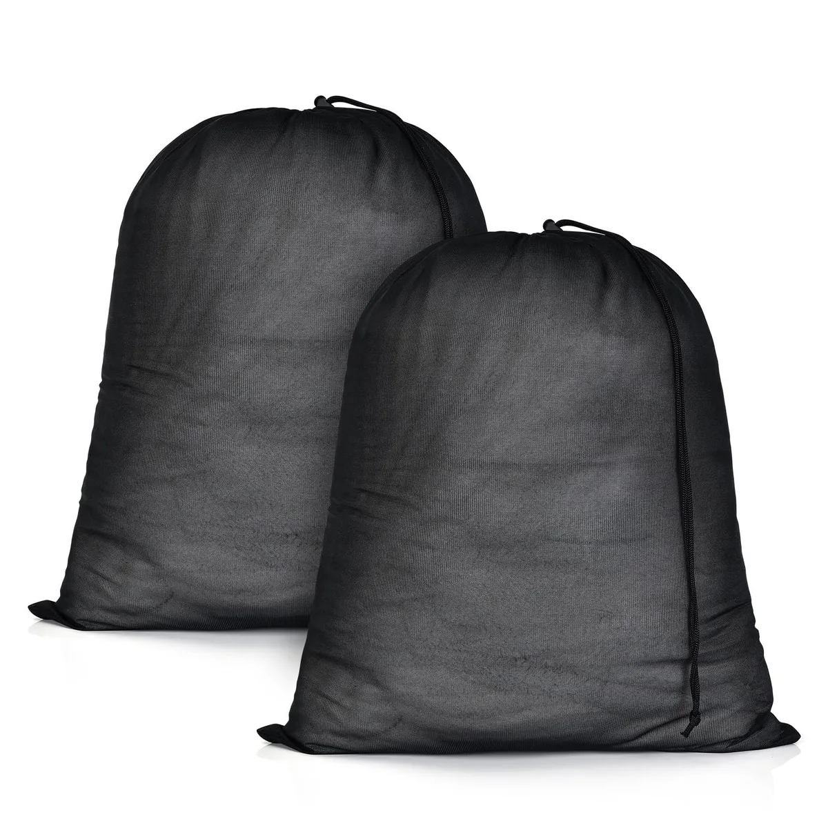 Two black polyester mesh laundry bags with drawstring closures, 20 by 24 inches