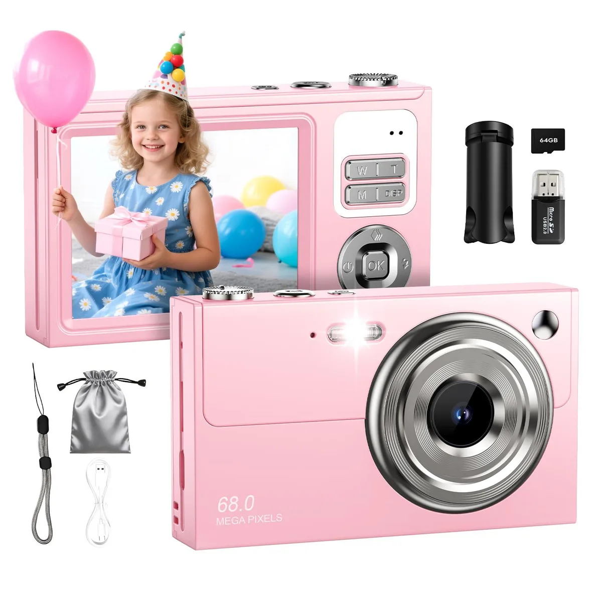  ocxu V88 Pro 48MP 4K Point &amp; Shoot Camera Pink 16X Zoom 2.8" Screen — product photo