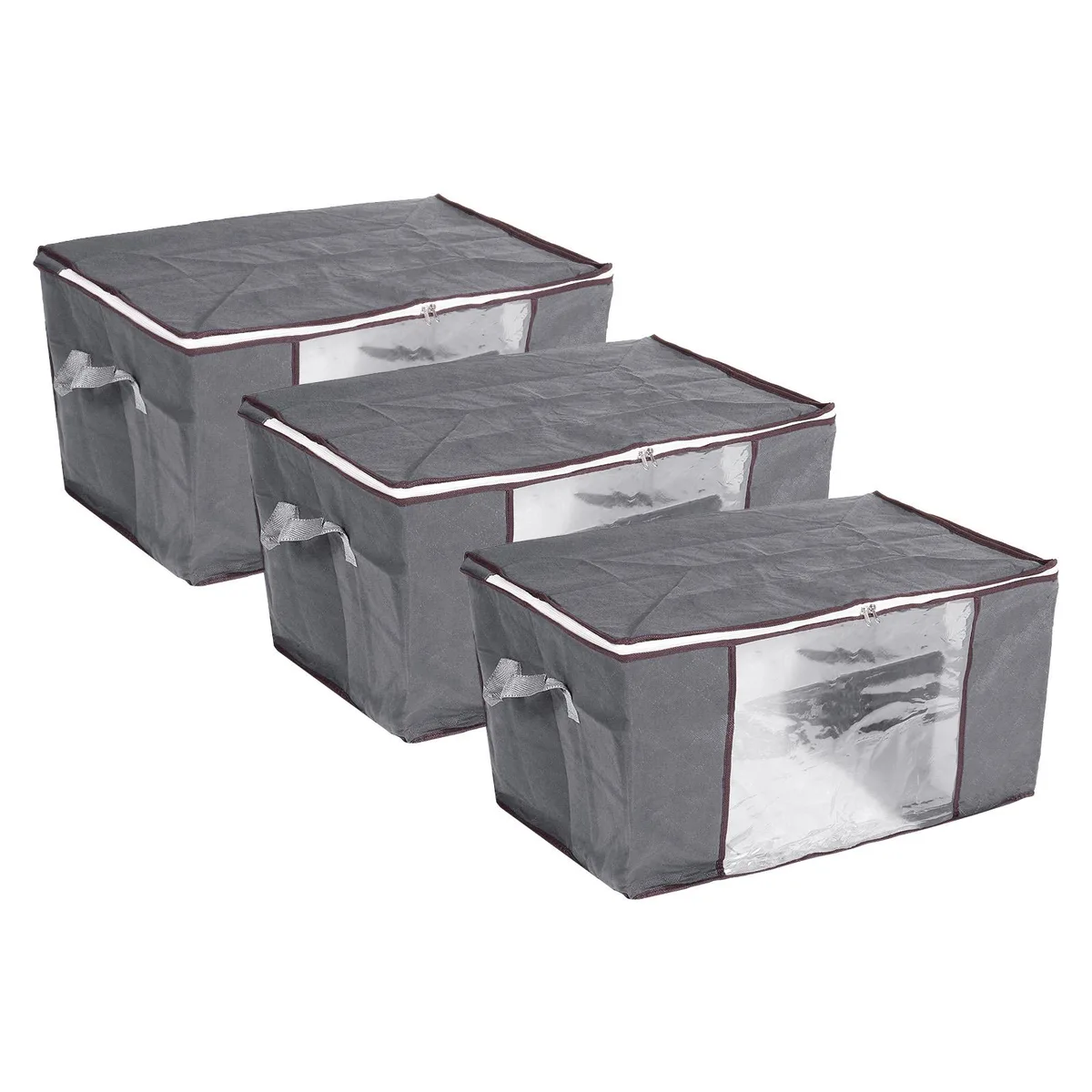 Three pink foldable fabric storage boxes with clear front windows and reinforced handles