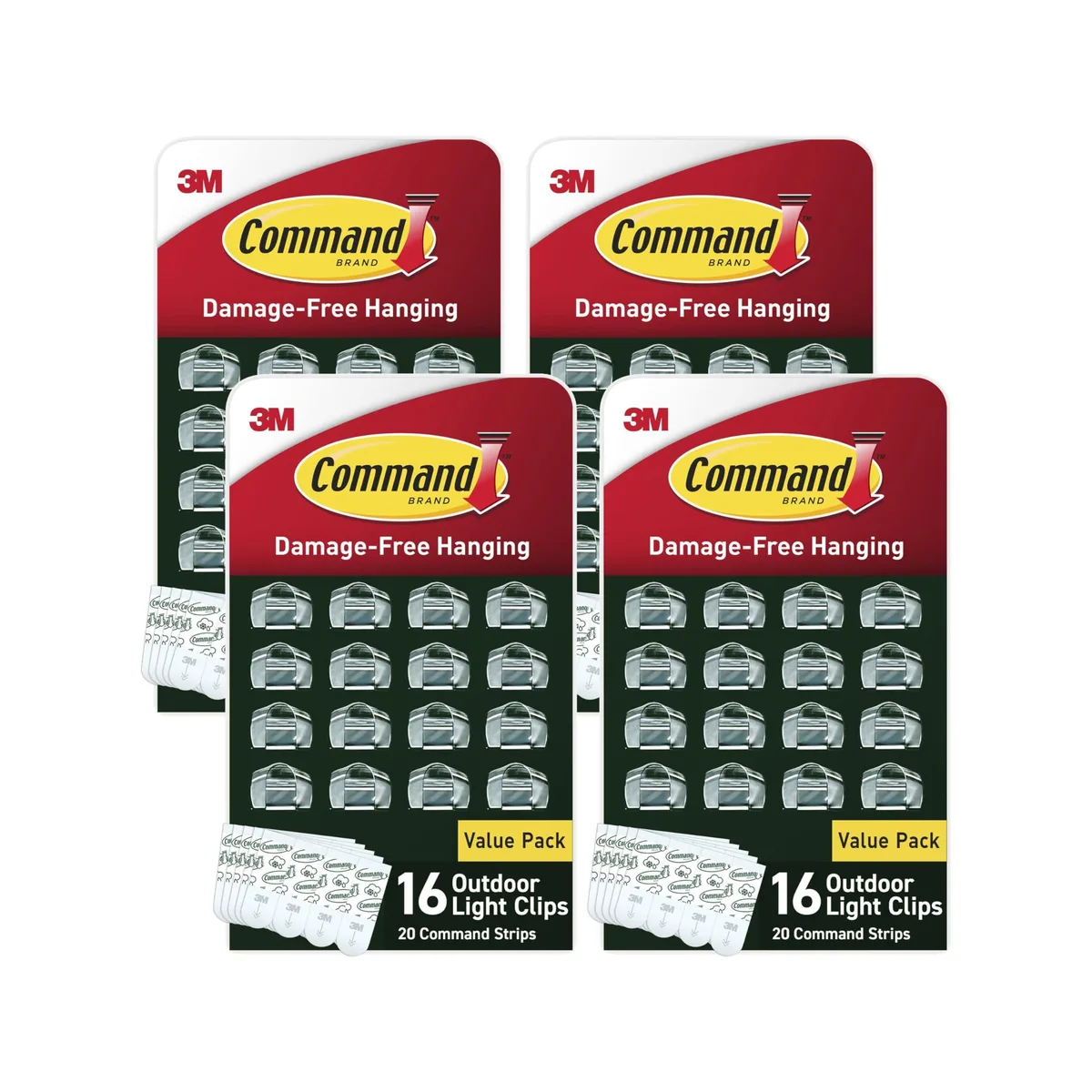 Clear plastic clips and white adhesive strips in cardboard packaging