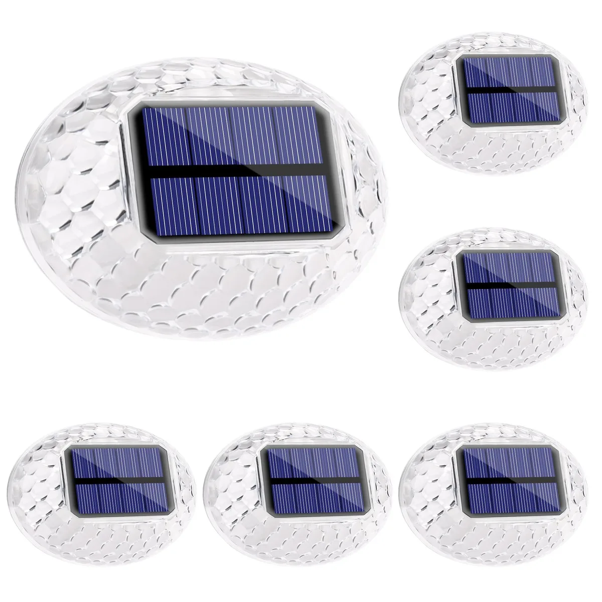 Six white plastic solar fence lights with transparent shells and wall-mount brackets