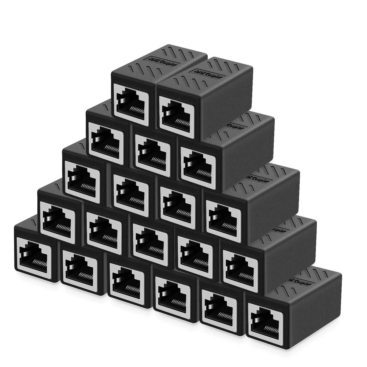 Twenty black RJ45 inline couplers in a pack
