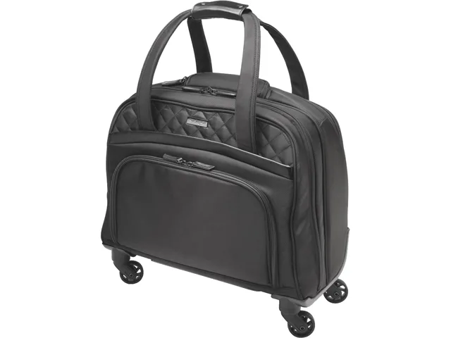 Black four-wheeled spinner laptop bag with contoured panel and separate clothes compartment