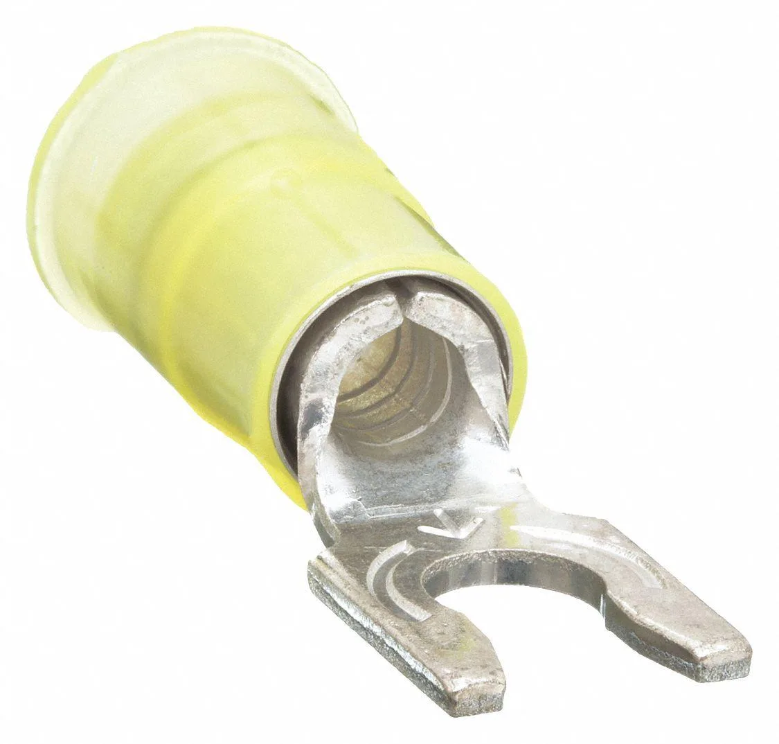 Yellow nylon insulated fork terminal for 10-12 AWG wire #8 stud 50 pack