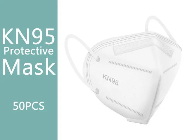 White 5-layer disposable face masks with elastic ear loops and nose clip, box of 50