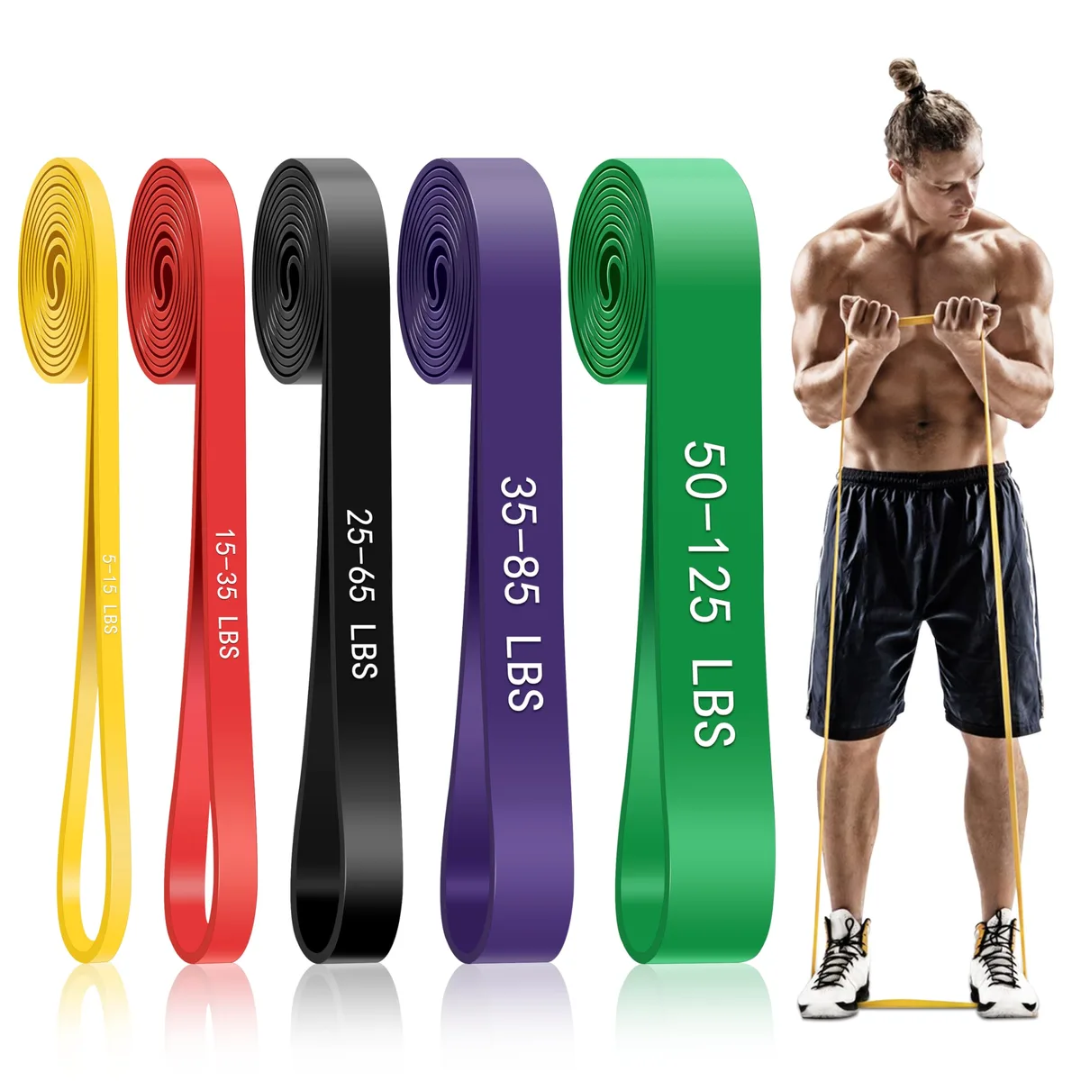 Five multicolour TPE resistance loop bands in light to extra-heavy strengths