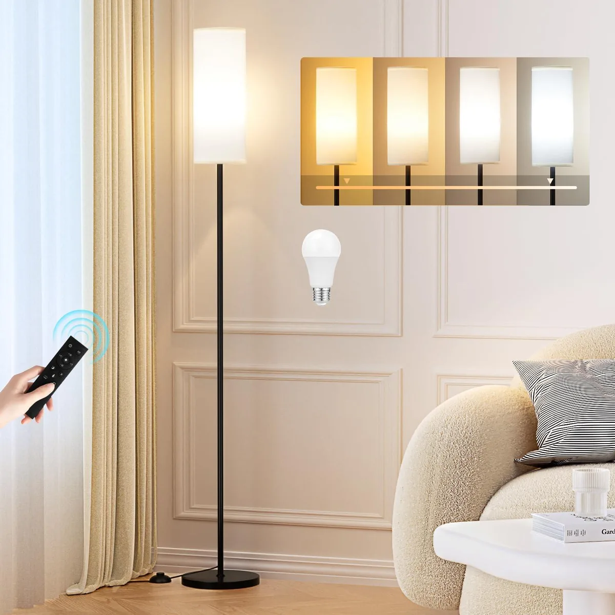 Tall orange metal floor lamp with rectangular shade, 64 inches high, remote on pole