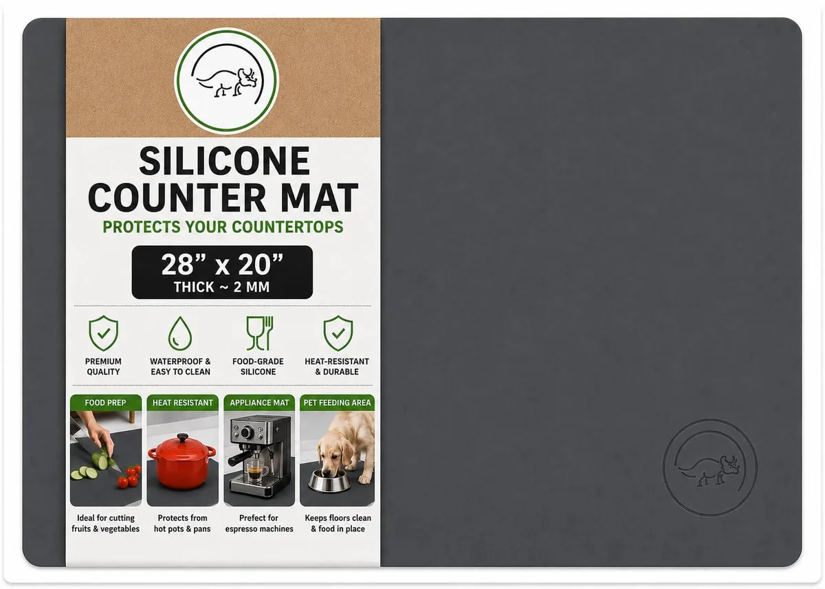 Grey rectangular silicone mat 28 by 20 inches with cloth
