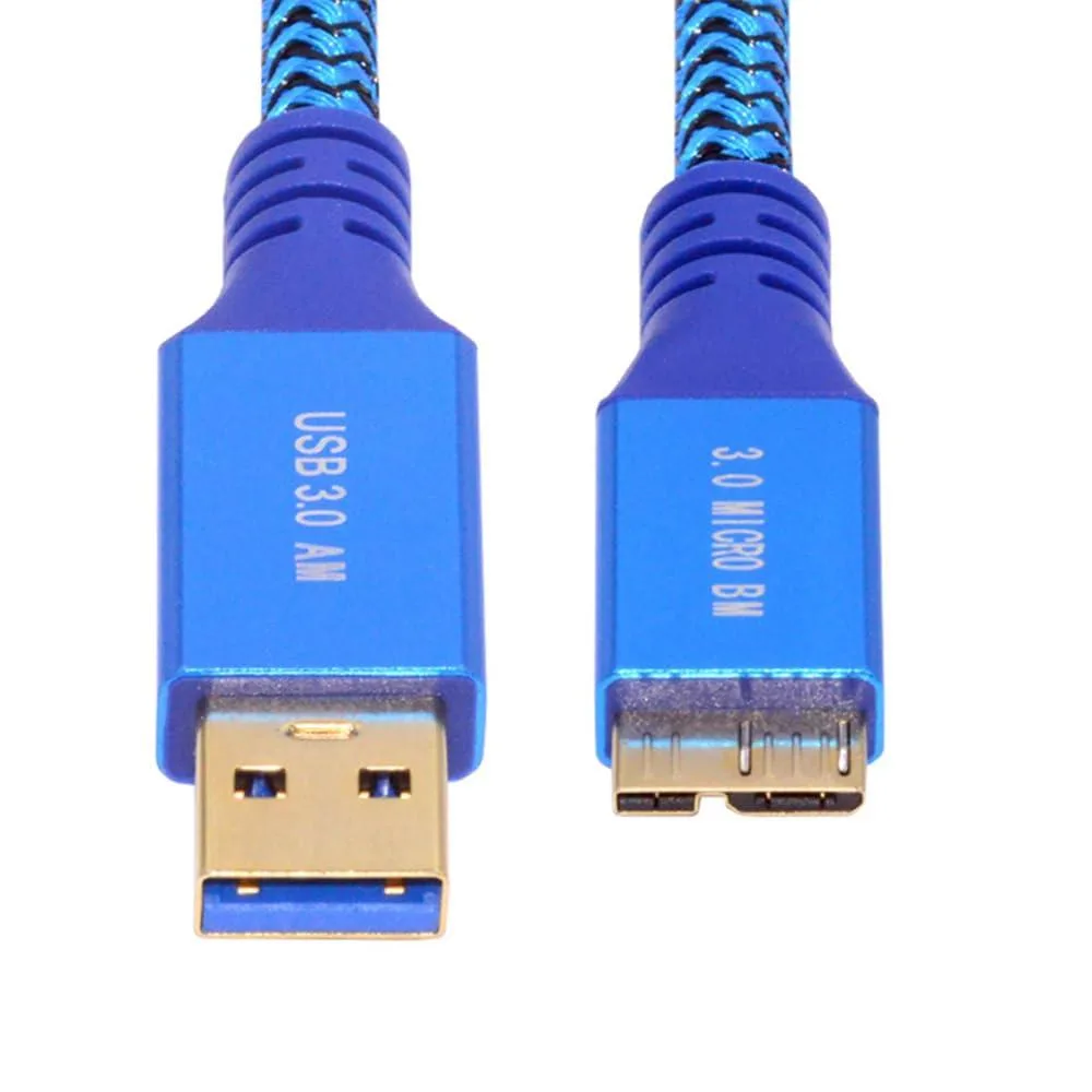 Short blue braided USB 3.0 Type-A to Micro-B cable, 0.3m, aluminum alloy shell, silver-plated connectors