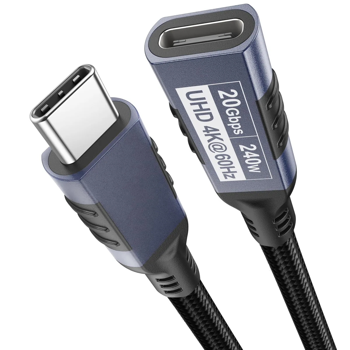 Grey braided USB-C male-to-female extension cable, 3 ft, aluminium connector housing