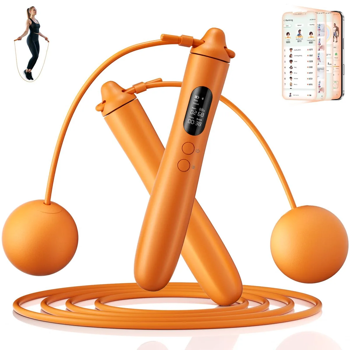 Orange aluminium smart jump rope with handles and LED display
