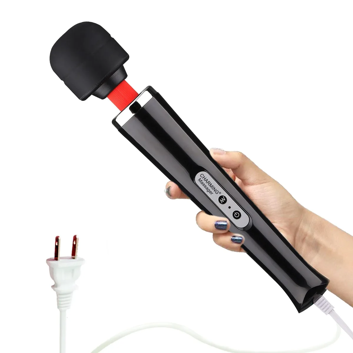 Black handheld massager with removable silicone head, corded, 12.6 inches long