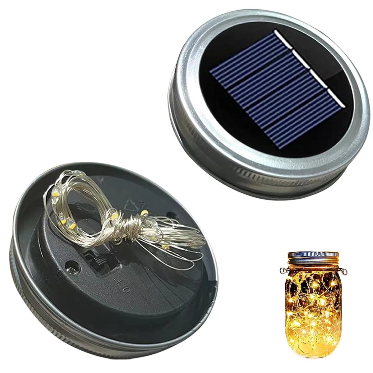 Two black plastic solar jar lids with hanging loops