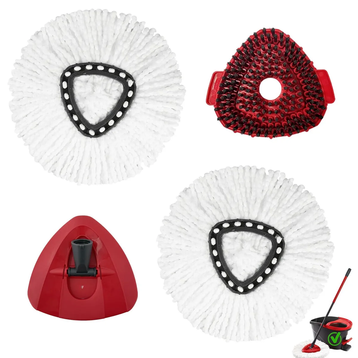 Four white triangular microfiber mop heads with a brush head and base, 145 mm outer diameter
