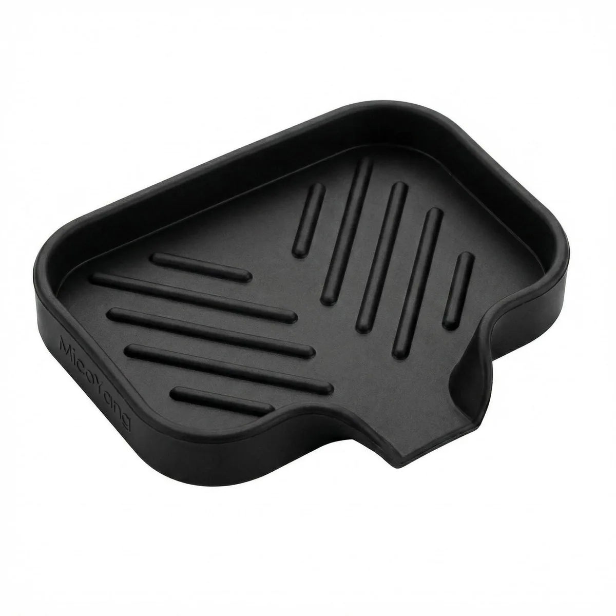 Black compact silicone soap dish with angled drain spout and raised ridges
