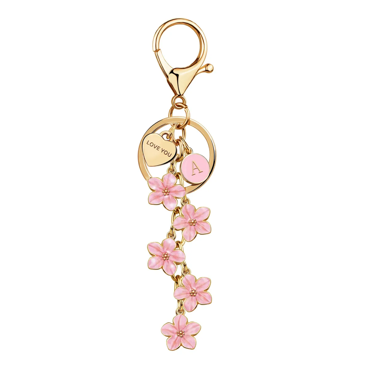  Initial Letter Keychain with Heart &amp; Flower Charm Light Pink-A 925 Silver .8 oz — product photo