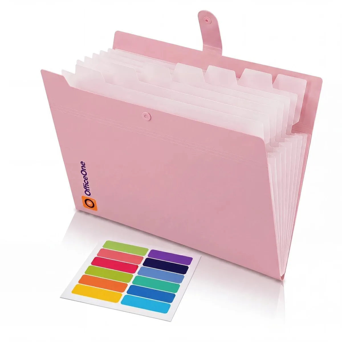 Dusty pink polypropylene expanding file folder with eight pockets and snap closure
