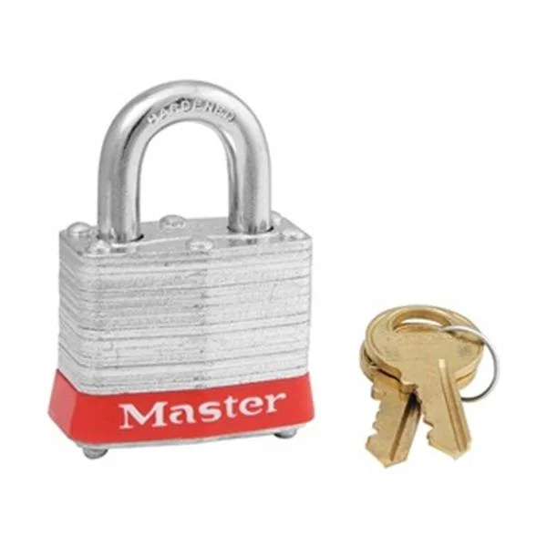 Red laminated steel padlock, open shackle, keyed alike, pack of three