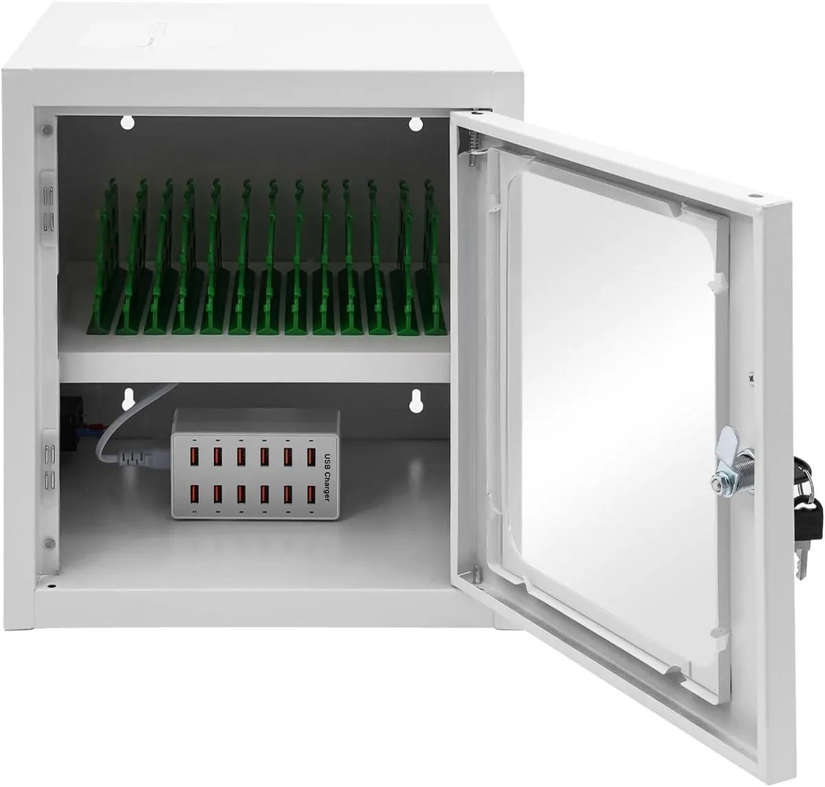 White rectangular steel charging cabinet with 12 slots, wall-mountable or freestanding, key lock, US plug