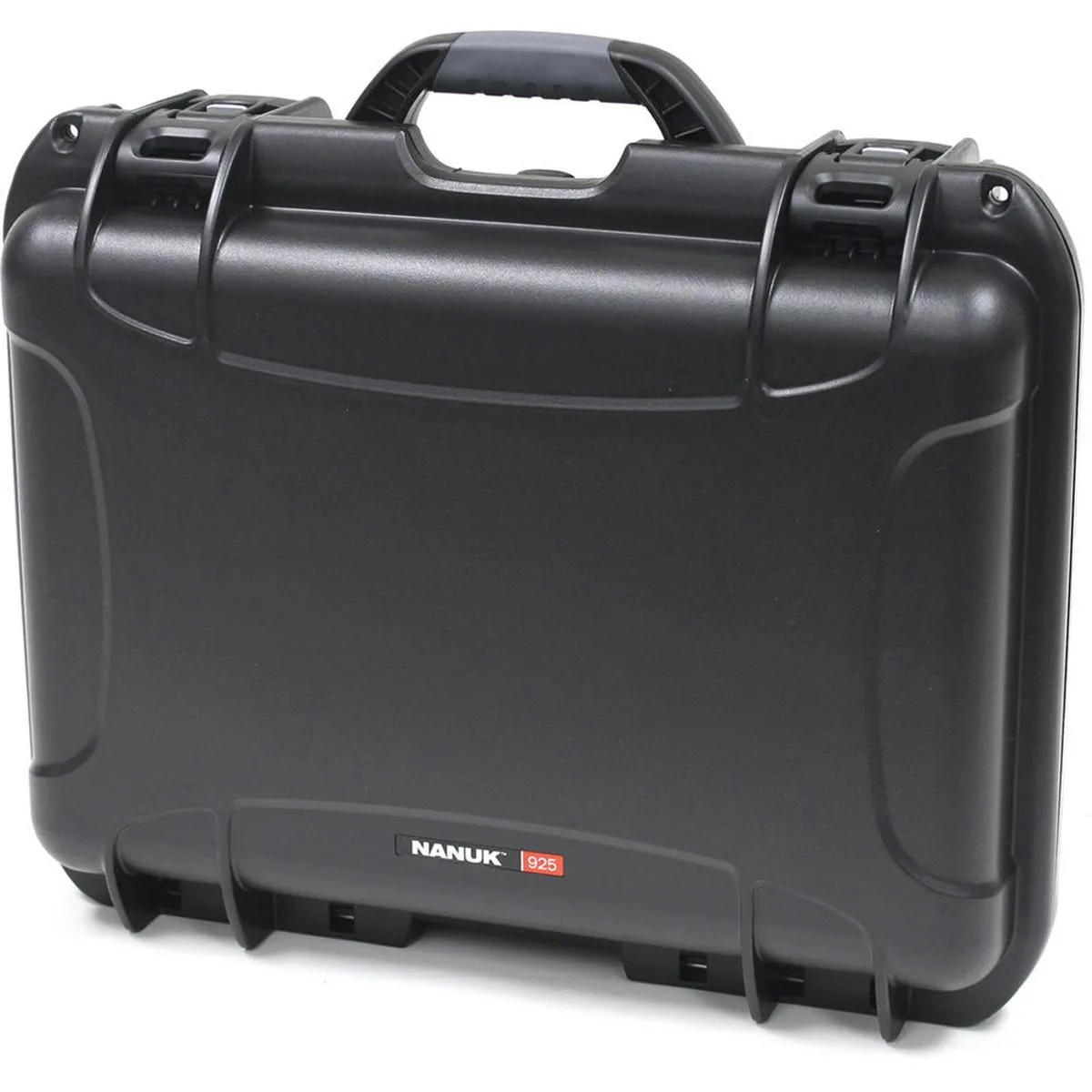 Black rectangular hard case with two latches and folding handle