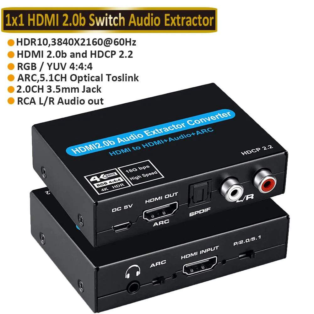 Small black rectangular box with HDMI input and multiple audio outputs