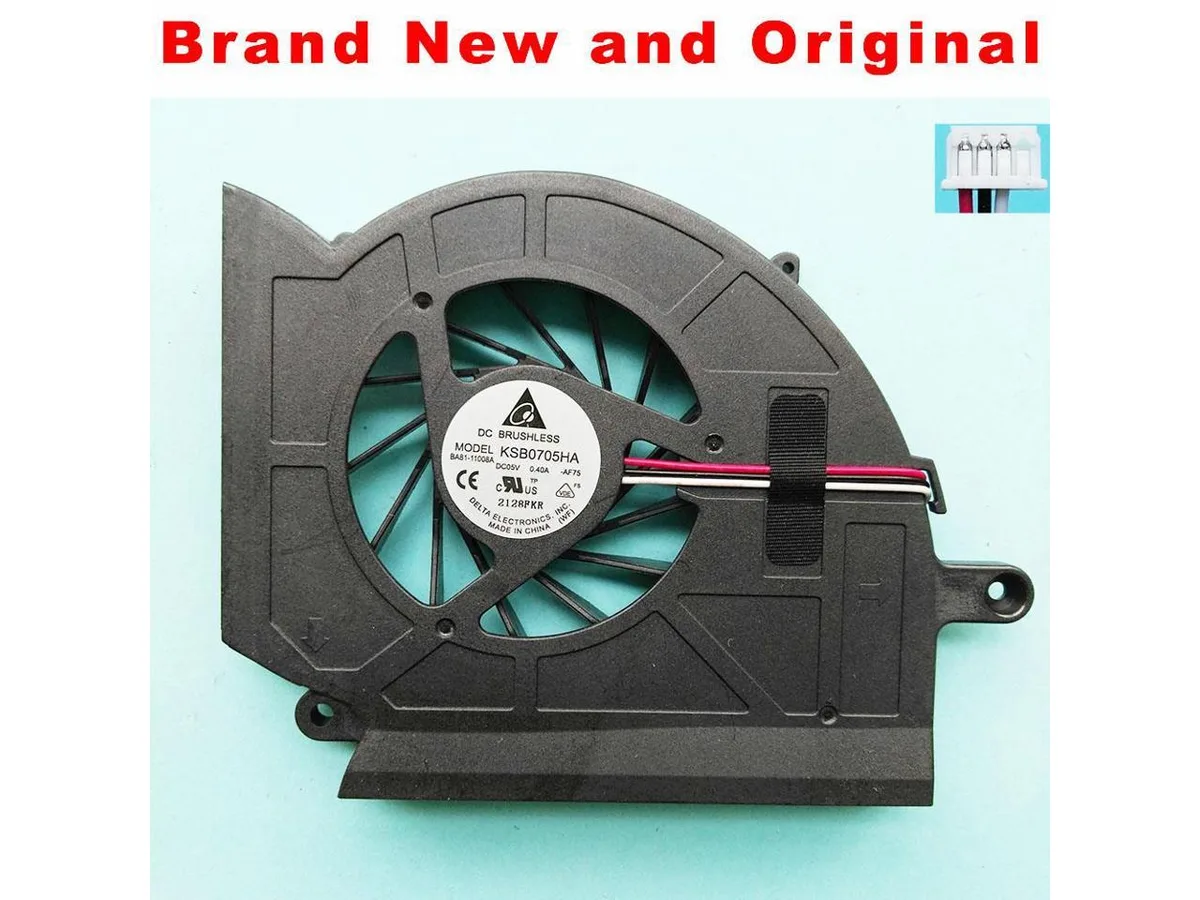 Small black laptop CPU cooling fan with plastic housing and cable connector