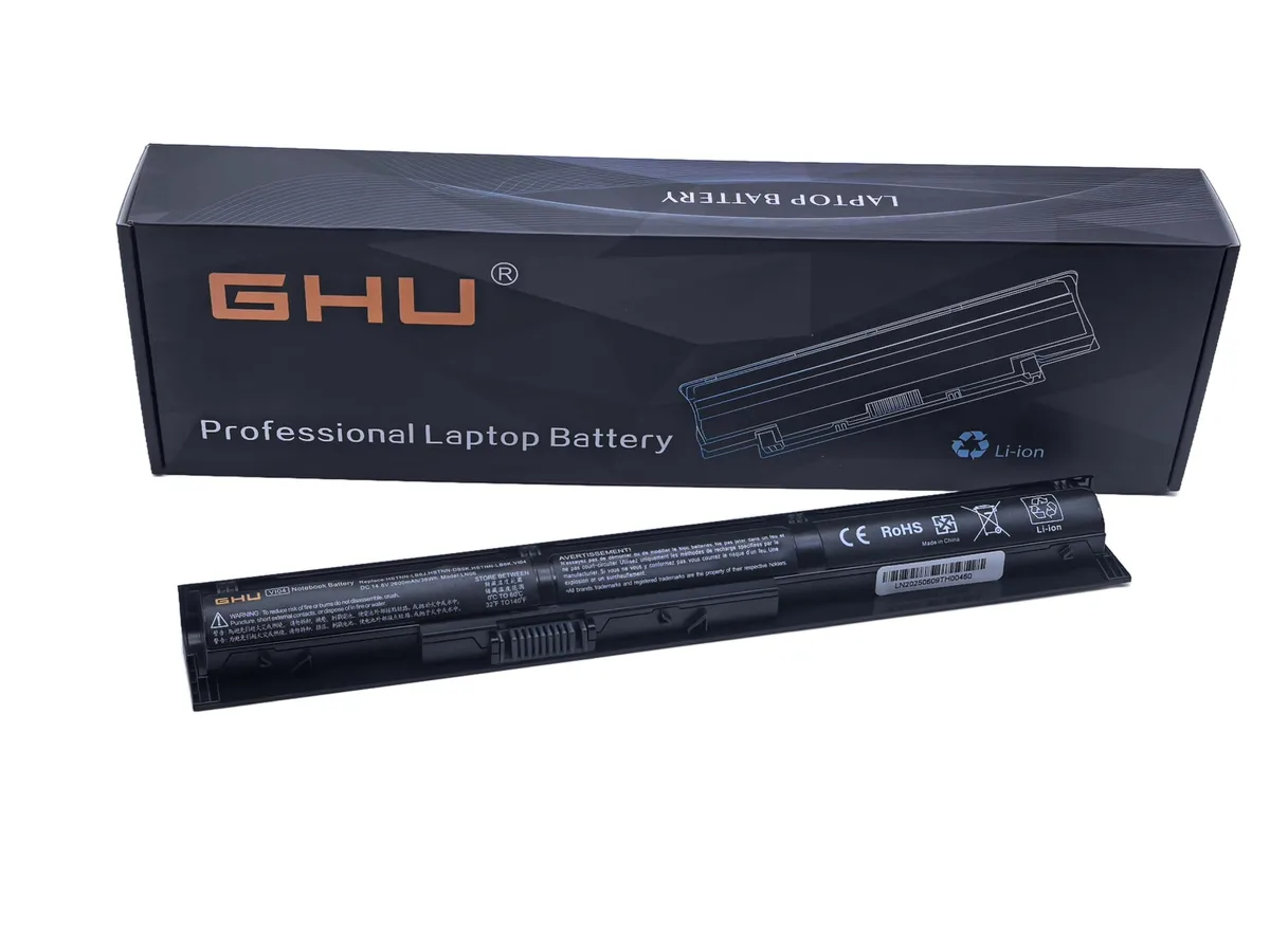 Rectangular black laptop battery with label showing model VI04 V104 38 Wh