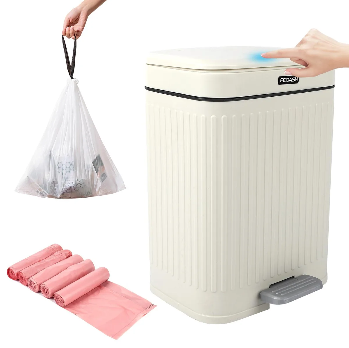 Three white slim pedal bins with lids and bag rolls